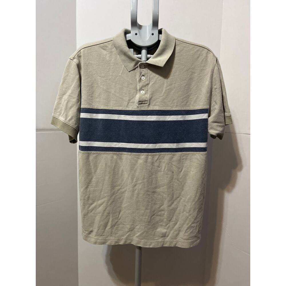 GAP Men’s Polo Shirt Beige Blue Stripe Short Sleeve Cotton Size L